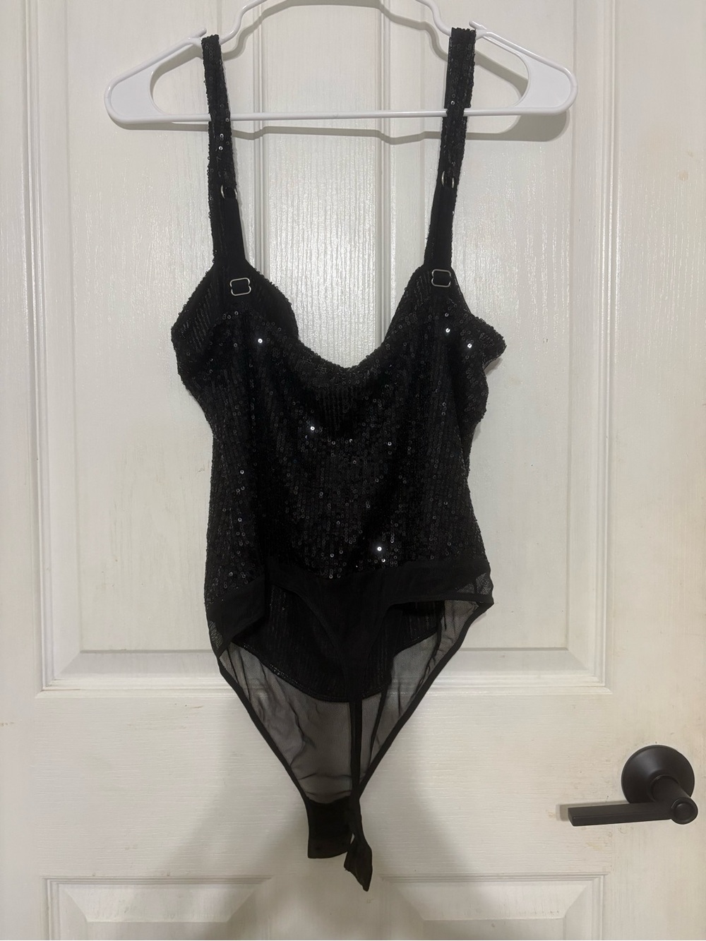 Black Sequin Bodysuit with Sheer Mesh Panels - Picture 2 of 4